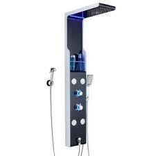 Ello Allo 53 In 4 Jet Shower Panel System With Shelf Led Rainfall Waterfall Head Handshower And Bidet Sprayer In Silver Black 9803 F3 04 03 02 The Home Depot Shower Panels Hand Shower Bidet Sprayer