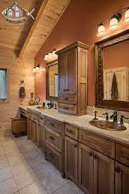 Double Vanity Master Bathroom With Vaulted Ceilings Textured Drywall Makeup Vanity An Rustic Master Bathroom Rustic Bathroom Vanities Rustic Bathroom Designs