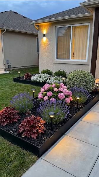 Beautifully designed landscape with greenery and outdoor features