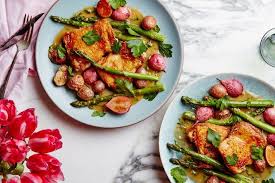 Crispy Chicken Thighs With Spring Vegetables Epicurious Recipes Chicken Dinner Clean Eating Recipes