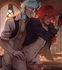 2boys ambiguous penetration clothed sex cumshot diluc (genshin  impact) dottore (genshin impact) ear piercing gay genshin impact long hair  long hair male male male only mask pants down red