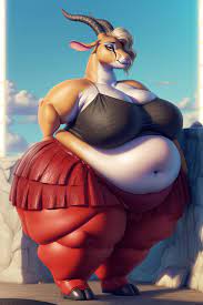 ai generated amber eyes anthro bbw bedroom black horn black horns  blonde hair chubby cleavage crop top curvaceous curvy disney fur furry  gazelle gazelle (zootopia) gigantic thighs goat goat