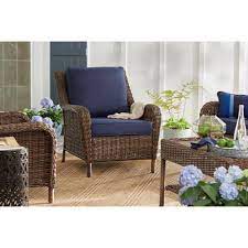 Hampton Bay Cambridge Brown Wicker Outdoor Patio Lounge Chair With Cushionguard Midnight Navy Blue Cushions 65 17148b1 The Home Depot Wicker Porch Furniture Porch Furniture Lounge Chair Outdoor