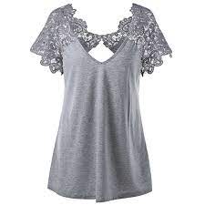 V Neck Plus Size Lace Trim Cutwork T Shirt Gray 3n21589512 Size Xl Plus Size Outfits Fashion Tops Blouses For Women