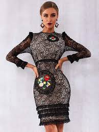 Tulle dress featuring embroidered flower and flare design,makes you look like a spring fairy. Elegant Black Floral Embroidered Lace Long Sleeve Dress Parksideave Marketplace