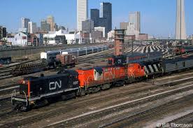 The View From Downtown Toronto S Bathurst Street Bridge In April 1979 Shows A Flurry Of Action Cn S13 Swi Train Railroad Photography Canadian National Railway