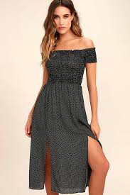 late nights black and white polka dot off the shoulder dress