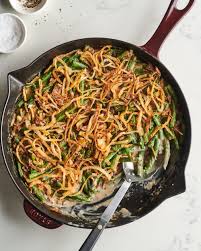 Smitten Kitchen S Green Bean Casserole In Skillet With Serving Scooped Out And Serving Spoon Inside Skillet In 2020 Smitten Kitchen Bean Casserole Green Bean Casserole