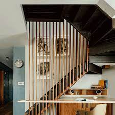 Wood Slat Partitions Are The Royalty Of Room Dividers Modern Stair Railing Basement Makeover Entry Stairs