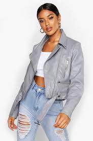 Faux Leather Biker Jacket Boohoo Faux Leather Biker Jacket Grey Leather Jacket Coats Jackets Women