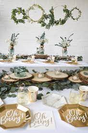The Chicest Baby Shower Yet Oh Baby Gold Boho Tablescape With Marble Accents Classy Baby Shower Chic Baby Shower Green Baby Shower