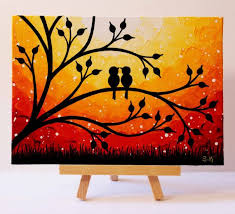 Sunset Painting Love Birds Artwork Original Mini Painting Love Birds Painting Mini Canvas Art Purple Canvas Art