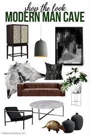Modern Man Cave Mood Board With Leather Sofa And Faux Cowhide Rug Modern Man Cave Leather Living Room Furniture Modern Furniture Living Room