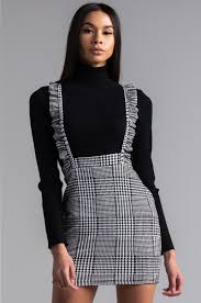 Black And White Houndstooth Skirt Outfit Front View Scotty Skirt Overall In Black White Couple Outfits 6th Form Outfits Winter Fashion Outfits