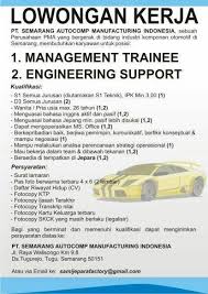 Ane mau nanya adakah agan/aganwati yang ada disini ada yang tau tentang pt semarang autocomp manufacturing indonesia ( pt sami ) yang merupakan perusahaan di bawah yazaki group (japan) yang memproduksi wiring harness untuk kebutuhan otomotif di seluruh indonesia & eropa. Job Pt Semarang Autocomp Manufacturing Engineering Management Trainee Media Web S Blog