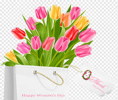 Celebrating your sheroes and their importance in your life is made easy and accessible as floweraura has come up with a huge range of womens day flowers. Bouquet Of Flowers With Happy Women S Day Card International Women S Day Public Holiday March 8 Woman Happy Womens Day Gift Bag With Tulips Flower Arranging Flower Tulip Png Pngwing