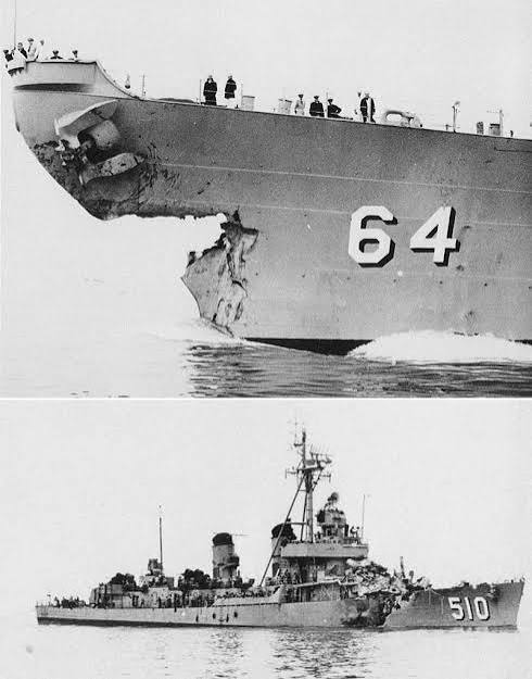 On May 6, 1956, the United States Navy destroyer USS Eaton (DDE-510) suffered serious damage after colliding with the large battleship USS Wisconsin (BB-64) during training operations in the Atlantic