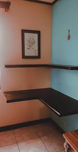 A corner desk can solve your problem of facing the low space when you need a working area in your compact spaces and here is the idea. Floating Wood Corner Desk Floating Corner Desk Diy Corner Desk Diy Floating Desk