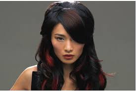 Trendy Asian Half Updo With Black Hair And Red High Lights With Swept Bangs And Puffy Pulled In The Back