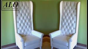 The seats came upholstered with a solid tan microsuede fabric that was pretty boring. Diy How To Upholster A High Back Tufted Chair Alo Upholstery Youtube