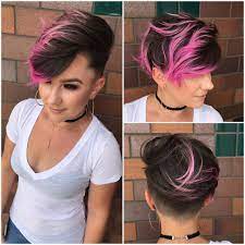 Brunette Combover Pixie With Bright Pink Highlights And Tousled Top Lengths The Latest Hairstyles For Men And Women 2020 Hairstyleology Pixie Hair Color Hair Styles Short Hair Color