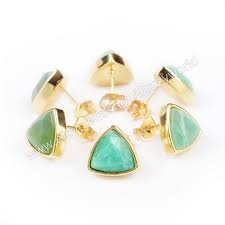 Unique 12mm Triangle Gold Plated Natural Australia Jade Faceted Stud Earrings Chrysoprase Stud Earring Gemstone Jasper Jewelry Gemstone Earrings Stud Earrings
