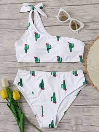 Shop Cactus One Shoulder Top With High Waist Bikini Online Shein Offers Cactus One Shoulder Top Womens Swimsuits Bikini Bikini Swimsuits Ruffle Bikini Bottoms