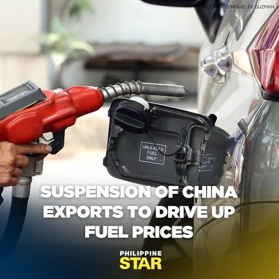 Fuel prices are seen to rise in October after China announced that it will  suspend its exports of refined products to the Asia-Pacific region,  according to the Department of Energy. https://tinyurl.co