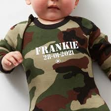 Personalised Baby Grow L Army Print Camo Babygrow L Nappy Head