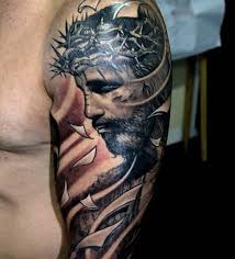 They have a sacred streak to them which definitely cannot be ignored. Amazing Jesus Christian Tattoo On Left Sleeve For Men