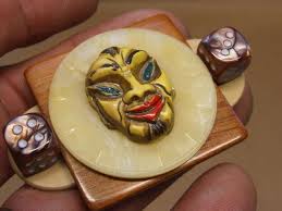 1995 Signed Debby Beck Asian Painted Mask Faux Tiger Eye Dice Pin Brooch