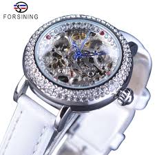 Forsining Women S Bracelet Fashion Geneva Diamond Luxury Design Blue Hands Skeleton Dial White Leather Automatic Skeleton Watch Review Skeleton Watches Bracelets Women Fashion Automatic Skeleton Watch