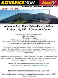 Check spelling or type a new query. Workone Nwi On Twitter Advance Auto Parts Drive Thru Job Fair In Remington In Next Friday July 24th From 12 3pm Eastern Time