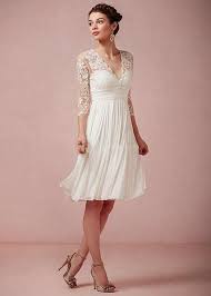 Knee Length Wedding Dresses Casual Beach Lace V Neck Ivory Three Quarter Long Sleeve Knee Len Bride Reception Dresses Online Wedding Dress Little White Dresses