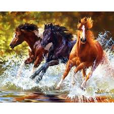 Diamond Painting 3 Horses Running In The Water Horse Painting Diy Canvas Wall Art Horses
