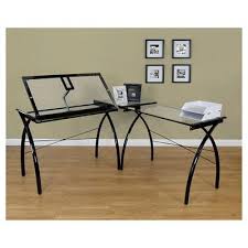Futura L Shaped Desk With Adjustable Top Black Clear Glass Drafting Table Furniture Design Studio