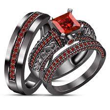 Trio Set Engagement Ring Wedding Band Red Garnet Black Gold Plated 925 Silver Black Gold Ring Black Gold Jewelry Gothic Wedding Rings