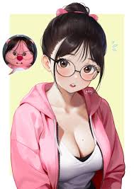 regiana (jubi), loopy (pororo), pororo the little penguin, absurdres,  highres, reference photo, 1girl, artist name, black bra, blush, border,  bra, breasts, brown hair, cleavage, collarbone, glasses, glasses loopy  plushie (meme), hood, hood