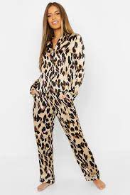 Women S Petite Leopard Print Satin Pj Set Boohoo Uk
