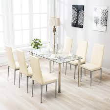 7 Piece Kitchen Dining Set Glass Top Table With 6 Leather Chairs Breakfast Furniture Beige Kitchen Table Settings Glass Dining Table Set Glass Dining Room Table