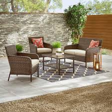 Hampton Bay Gableton 4 Piece Steel Outdoor Patio Wicker Conversation Set With Beige Cushions Gi 18048 The Home Depot Patio Furniture Sets Wicker Patio Set Wicker Patio Chairs