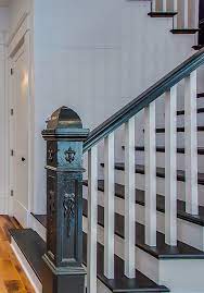 Antique Staircase Newel Post And Handrail Painted Black With White Shiplap Deck Paint Paint Colors Outdoor Deck