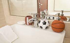 5 out of 5 stars. Amazon Com Yangshimoeed 4 Piece Sports Bathroom Accessories Set Complete With Basketball Lotion Soap Dispenser Soccer Bath Cup Tumbler Base Ball Soap Dish Football Toothbrush Holder Home Kitchen