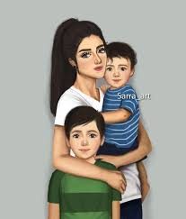 514 Likes 63 Comments Sara Ahmed Sarra Art On Instagram اخر رسمه لام مع ولدين للي طلبووووها منش Mother Daughter Art Mother Art Sarra Art