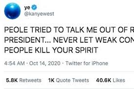 Yesterday, kanye west spoke his mind on twitter, speaking on a variety of topics including love, his collabs with travis scott, lil uzi vert don't forget about katrina cuz you don't like his tweets. however, not everybody was supportive of kanye and his opinions. Inkl Kanye West Slams Controlling People Who Tried To Talk Him Out Of Presidential Run Daily Mirror