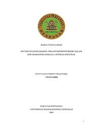 Kewirausahaan merupakan sikap mental dan jiwa yang selalu aktif, kreatif, berdaya, bercipta, berkarsa dan bersahaja dalam berusaha dalam rangka meningkatkan pendapatan dalam kegiatan usahanya atau kiprahnya. Karya Tulis Ilmiah Mawapres 2019