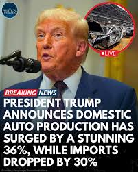 President Donald Trump recently announced a remarkable 36% surge in  domestic auto production, alongside a 30% drop in vehicle imports. This  boost in U.S. manufacturing follows the introduction of a 25% tariff