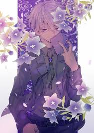 Anime Guy Formal White Hair Purple Eyes Flowers Animeguys Anime Flower Anime Art Anime Purple Hair