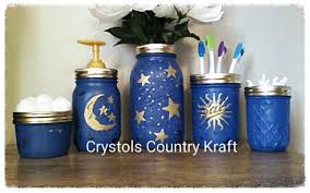 Celestial Bathroom Set Moon Stars Sun Bathroom Decor Celestial Soap Pump Toothbrush Jar Distressed Jars Blue In 2020 Gold Bathroom Set Bathroom Sets Moon Decor