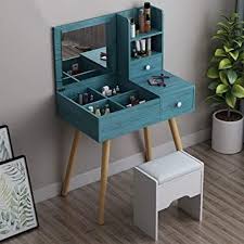 Love the stone blue + gray tone of the curtains. Dressing Table Set With Flip Top Mirror And Stool Makeup Vanity Table Large Storage Space Compartments And Dressing Table Set Makeup Table Vanity Vanity Table